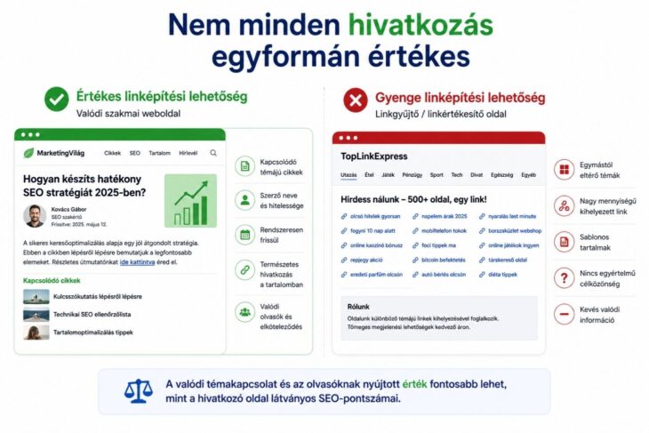 Értékes szakmai hivatkozás és gyenge linképítési lehetőség összehasonlítása