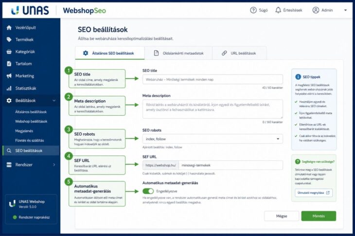 UNAS keresőoptimalizálási és metaadat-beállítások