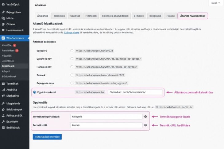 WooCommerce termék- és kategória-permalink beállítások