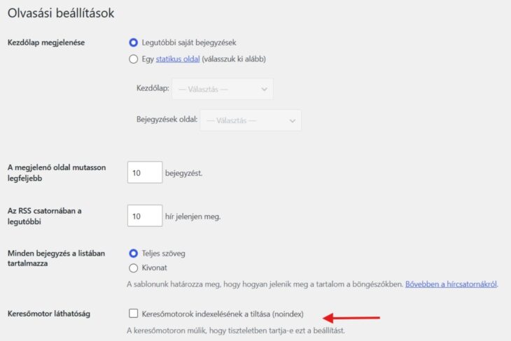 Keresőmotorok indexelésének tiltása a WordPress Olvasási beállításokban